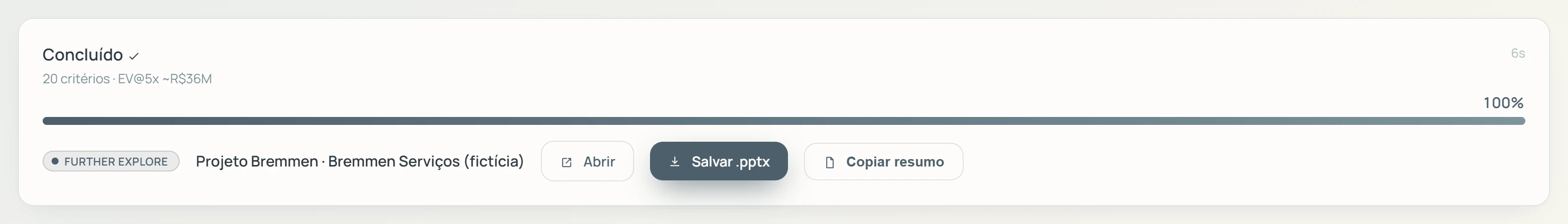 Resultado da análise de CIM no SF Analyser com veredito e PowerPoint gerado