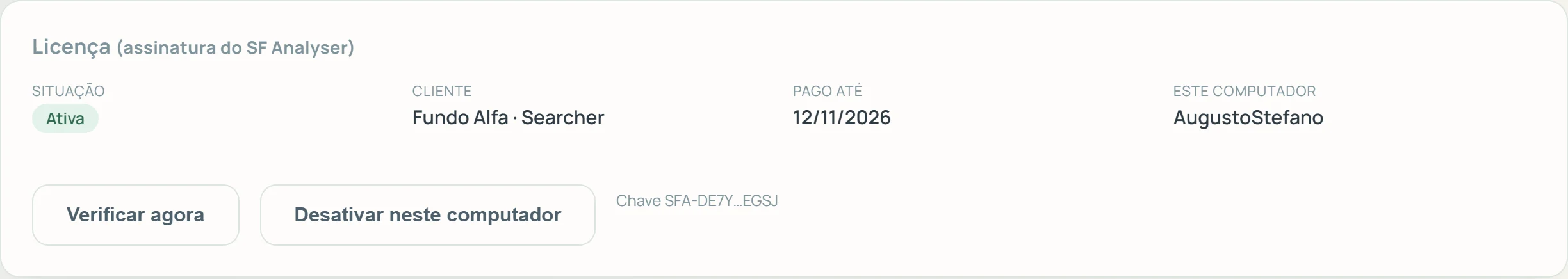 Cartão Licença em Configurações, com situação, cliente, data de pagamento e computador