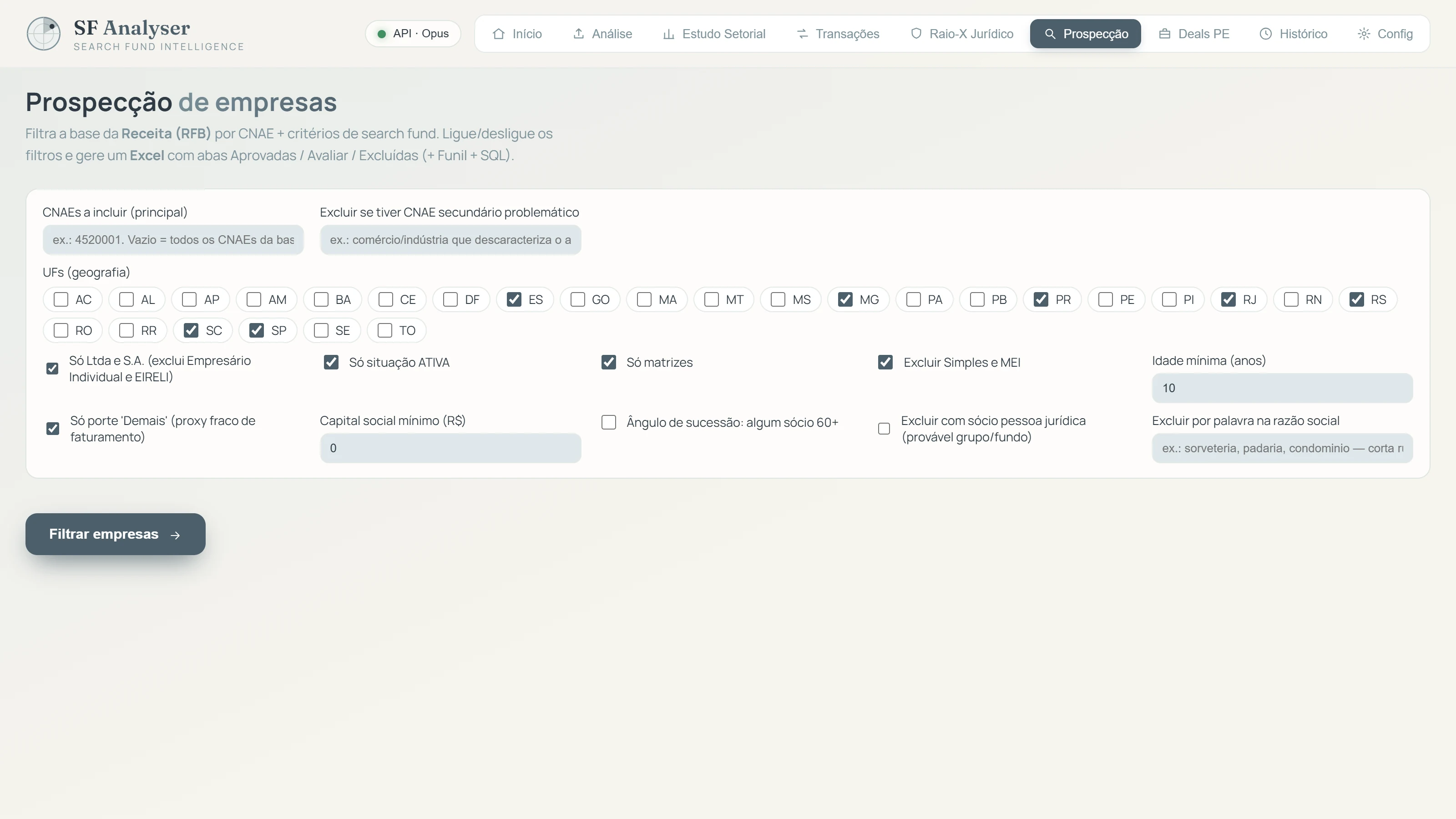 Tela de prospecção de empresas por CNAE no SF Analyser